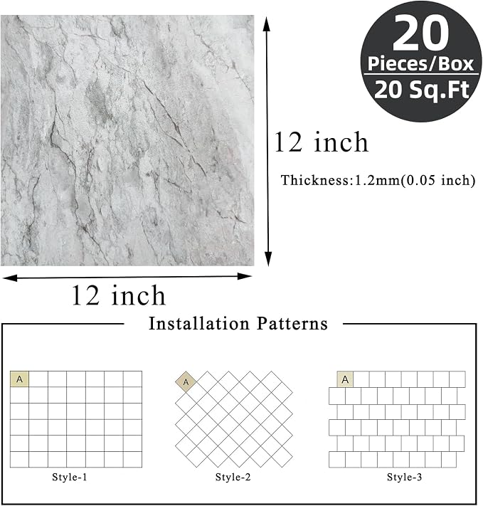 Peel and Stick Floor Tile 12 x 12 Inch Self Adhesive Marble Vinyl Flooring | waterproof and removable sticker tiles, 20-pack covers 20 Sq. Ft, DIY tiles for bedroom, bathroom, kitchen and dining room