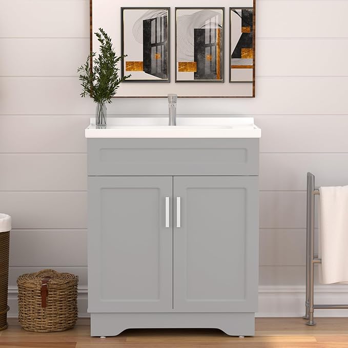 OLD CAPTAIN Bathroom Vanity with Ceramic Sink, Wooden Double Door Bathroom Vanity, 32 Inch Bath Cabinet with Sink and Storage, Grey