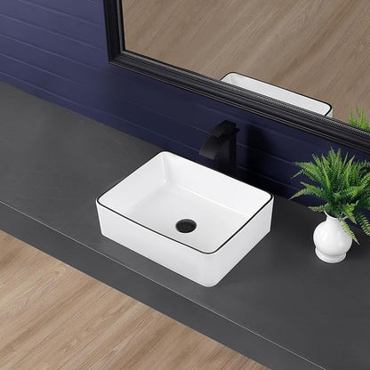 19"x15" Vessel Sink Bathroom Sink Rectangular Modern White with Black Trim Porcelain Ceramic Above Counter Vanity Sink for Bathrooms Art Basin
