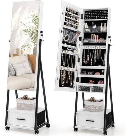 GOFLAME Rolling Jewelry Armoire Cabinet, Full Length Mirror with Storage, Floor Standing Lockable Jewelry Cabinet with Wheels, Drawers & Shelves, Large Capacity Jewelry Box Organizer (White)