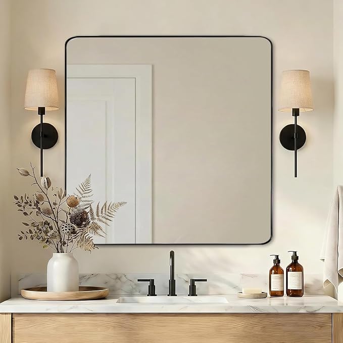 Square Wall Mirror for Bathroom, 24”x24” Matte Black Bathroom Mirror, Rounded Corner Metal Mirror in Premium Stainless Steel Frame Hangs Horizontal Or Vertical