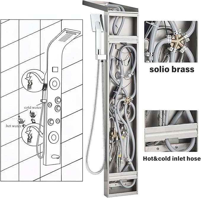 AlenArt Shower Panel LED Shower Tower System with Rainfall Waterfall Shower Head, 4 Body Massage Jets,Hand Shower Sprayer and Tub Spout Stainless Steel, Brushed Nickel