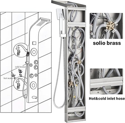 AlenArt Shower Panel LED Shower Tower System with Rainfall Waterfall Shower Head, 4 Body Massage Jets,Hand Shower Sprayer and Tub Spout Stainless Steel, Brushed Nickel