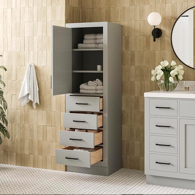 ARIEL Hepburn Bathroom Storage Cabinet - Solid Hevea Wood and Fully Assembled for Long-Lasting Durability and Sophisticated Finish, Freestanding Linen Bathroom Cabinet - 65”H x 20”W x 16”D, Grey