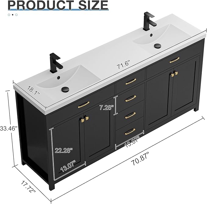 LUCKWIND 72" Bathroom Vanity and Sink Combo, Painted Modern Bathroom Storage Cabinet with Double Large Sink, Four Doors and Three Drawers, Include Faucet, Without Mirror, Black