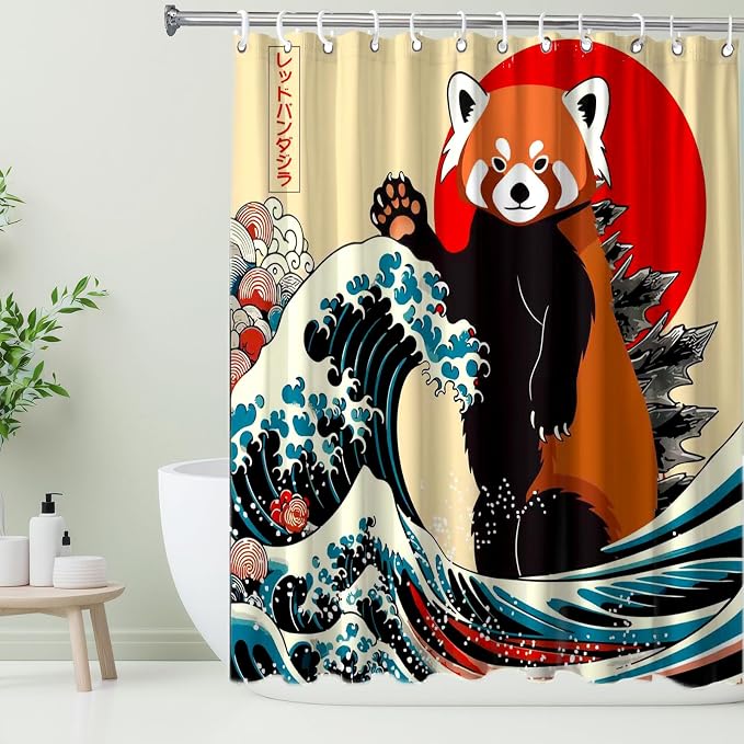 Funny Cute Red Panda Shower Curtain, Japan Animal Ocean Sea Wave Fabric Shower Curtains Set, Japanese Art Shower Curtains with Hooks, Kids Bathroom Art 72x72inch