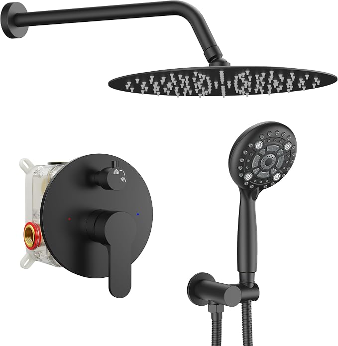 SR SUN RISE Shower Faucet - 12 Inch Multifunctional High Pressure Shower Head System with Handheld Shower Head Fixtures - Valve Included - Matte Black