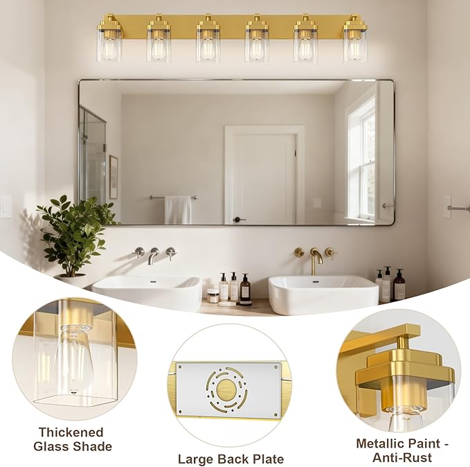 Brushed Gold Bathroom Light Fixtures, 6 Lights Bathroom Lighting Fixtures Over Mirror, Square Design & Rectangle Large Backplate, Modern Vanity Lighting Fixtures, for Living Room/Bedroom