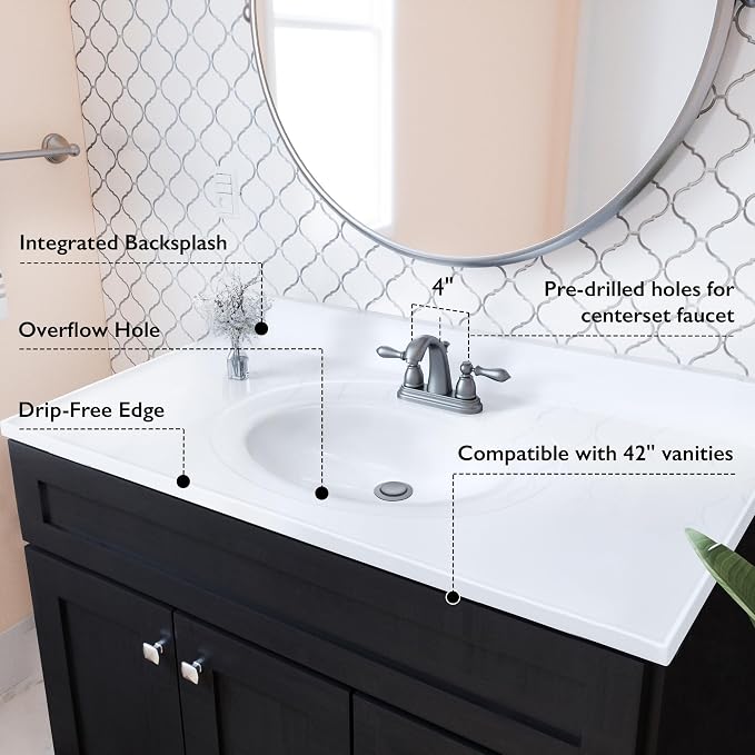 Design House Cultured Marble Vanity Top, 43 in W x 22 in D, Integrated 4 in Centerset Oval Sink & Backsplash, Solid White, 586156 | With Backsplash, , Countertop, Classic, Cultured Marble, Bath, 586156