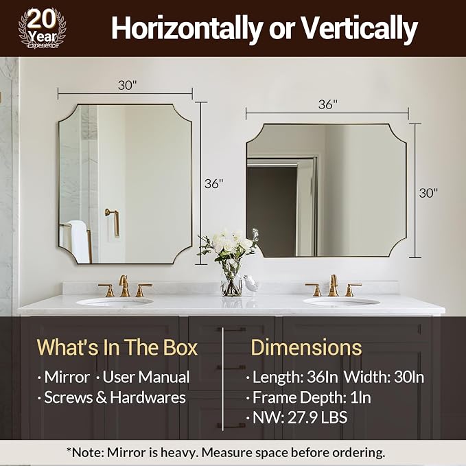 30x36 Inch Gold Vanity Mirror, Brushed Brass Mirrors for Bathroom Sink, Scalloped Rectangle Mirror with Anti-Rust Stainless Steel Thin Frame, Wall Mount Vertical or Horizontal