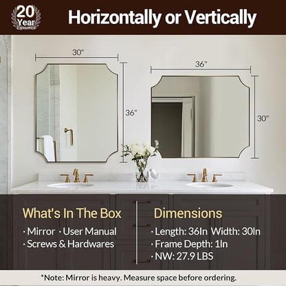30x36 Inch Gold Vanity Mirror, Brushed Brass Mirrors for Bathroom Sink, Scalloped Rectangle Mirror with Anti-Rust Stainless Steel Thin Frame, Wall Mount Vertical or Horizontal