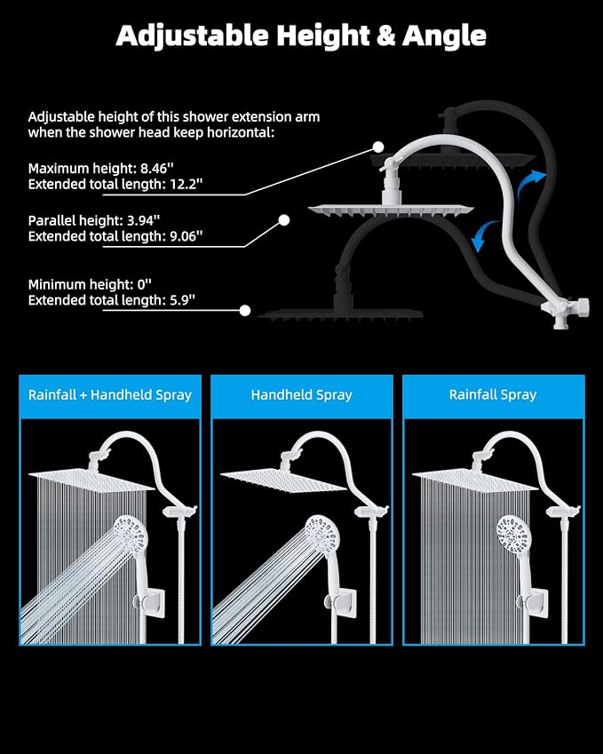 Hibbent All Metal High Pressure Rainfall 10'' Shower Head, Handheld Showerhead Combo, 12'' Adjustable Shower Extension Arm, 7-Spray, 71'' Hose, Adhesive Showerhead Holder, White