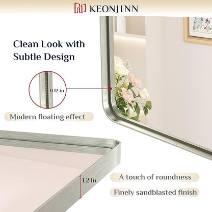 Keonjinn 55 x 36 Inch Brushed Nickel Bathroom Mirror, Tempered Glass | Silver Bathroom Mirrors for Over Sink, Rounded Rectangle Vanity Mirror, Rust-Resistant Aluminum Frame, French Cleat Mount