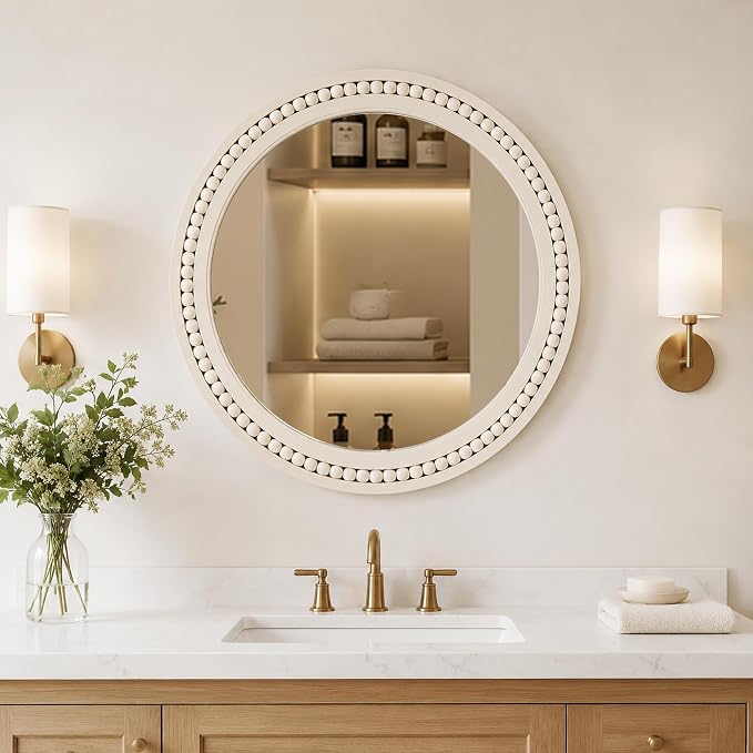Saliwa 24 Inch Round Bathroom Mirror, White Wood Framed Wall Mirror, Rustic Farmhouse Round Mirror for Vanity, Entryway, Living Room, Bedroom and Hallway