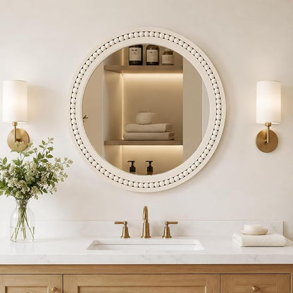 Saliwa 24 Inch Round Bathroom Mirror, White Wood Framed Wall Mirror, Rustic Farmhouse Round Mirror for Vanity, Entryway, Living Room, Bedroom and Hallway