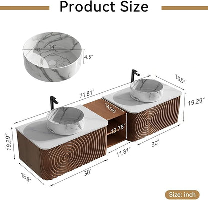 72" Floating Bathroom Vanity with Double Sink, Mid-Century Wall Mounted Bathroom Vanity Cabinet with Wood Waved Decor, Marble Ceramic Basin, Sintered Stone Top, Soft Close Drawer, Side Open Cube