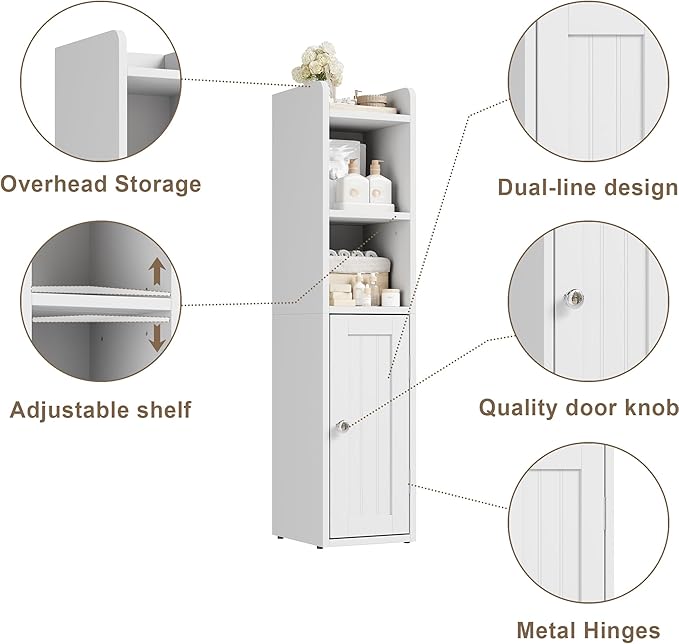 ChooChoo Small Bathroom Storage Cabinet, 7.1“W * 7.9”D Corner Floor Cabinet with Door and Adjustable Shelf, Narrow Toilet Paper Cabinets, Slim Bathroom Organizers for Small Spaces and Bathroom, White