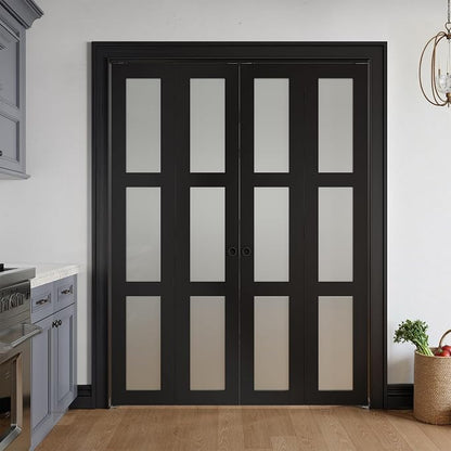 Bifold Doors for 64" x 80" Opening,Tempered Frosted Glass,Black | Closet Folding Doors with Hardware kit Included, Easy Assembly for Pantry Closet,Water-Proof PVC Surface