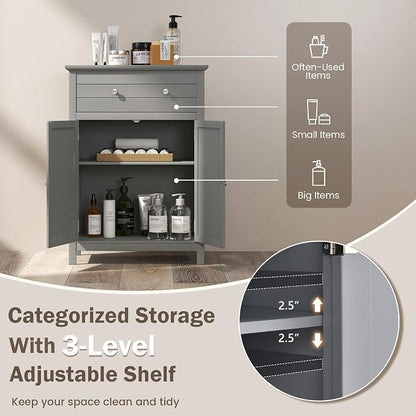 Giantex Bathroom Storage Cabinet with Drawer - Floor Cabinet with Doors, Adjustable Shelf, Storage Organizer for Entryway, Laundry Room, Kitchen, Living Room, Bedroom, Freestanding Cupboard (Gray)