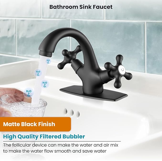 gotonovo Bathroom Sink Faucet Single Hole Double Cross Handle Knobs Lavatory Vessel Sink Mixer Tap Bathroom Faucet with Pop up Drain and Deck Cover Plate Matte Black