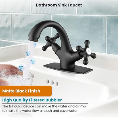 gotonovo Bathroom Sink Faucet Single Hole Double Cross Handle Knobs Lavatory Vessel Sink Mixer Tap Bathroom Faucet with Pop up Drain and Deck Cover Plate Matte Black