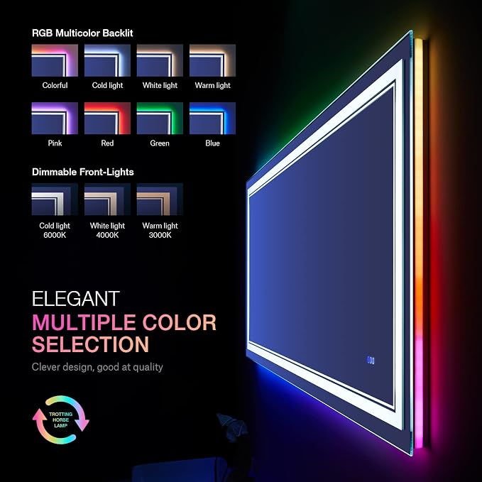 40x32 Inch RGB LED Bathroom Mirror with Lights | Front and RGB Backlit, Dimmable, Memory, Anti Fog, Shatterproof, Horizontal/Vertical, Lighted Mirrors for Bathroom Wall