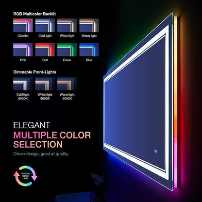 48x32 Inch RGB LED Bathroom Mirror with Lights | Front and RGB Backlit, Dimmable, Memory, Anti Fog, Shatterproof, Horizontal/Vertical, Lighted Mirrors for Bathroom Wall