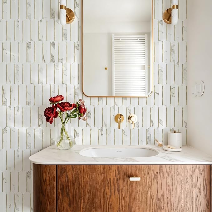 Vamos Tile Peel and Stick Backsplash Seamless Tile,Fish Scale,Glossy,10 pcs | 11.9''x10.8'',White & Gold Marble PVC+Light Gold Stick on Backsplash Tile for Kitchen & Bathroom & Laundry & Camper