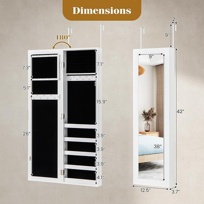 Giantex Wall or Door Mounted Jewelry Cabinet with Full Length Mirror, Over The Door Jewelry Armoire Organizer, Hanging Storage Cabinet with Necklace Hooks, Earring Slots, Ring Slots & Shelves (White)