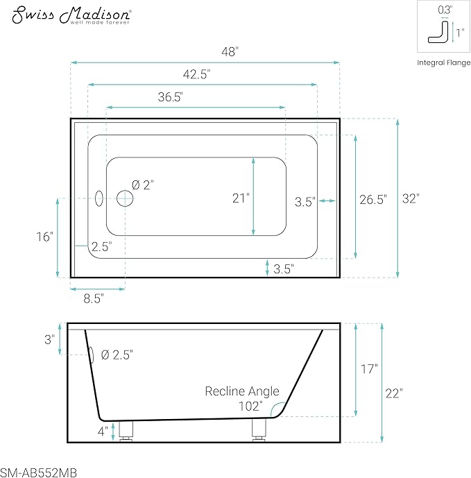 Voltaire 48" x 32" Left-Hand Drain Alcove Bathtub with Apron in Matte Black