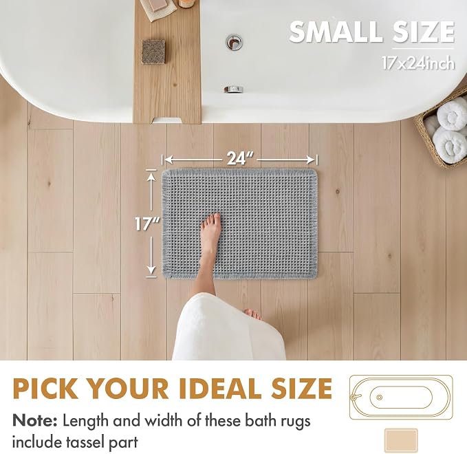 MIULEE Set of 2 Waffle Bathroom Rugs Boho Bath Mat Light Grey 17x24 Inch | Non Slip, Super Absorbent, Washable, Ultra Soft, Rubber Backed, Small Bath Rugs for Bathroom Floor Tub Shower