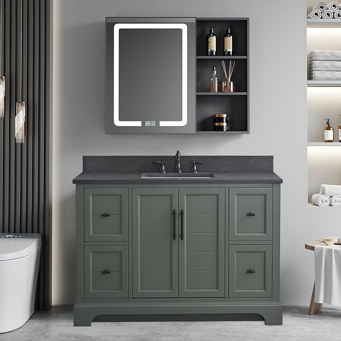 Vanity Art 48 Inch Single Sink Bathroom Vanity with Ceramic Sink and Stone Top | Undermount Rectangular Sink Cabinet Soft Closing Doors, Dovetailed Drawers, No Mirror VA5048-VG
