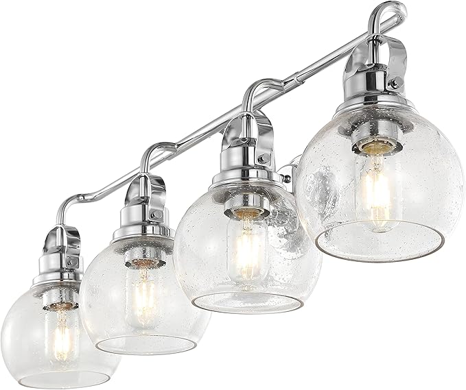 JONATHAN Y 34" Chrome Shirley 4-Light Bathroom Vanity Light, Metal Wall Sconce, Clear Seeded Glass Shade, Modern Transitional Farmhouse Fixture, LED Bulbs Included (JYL7406A)