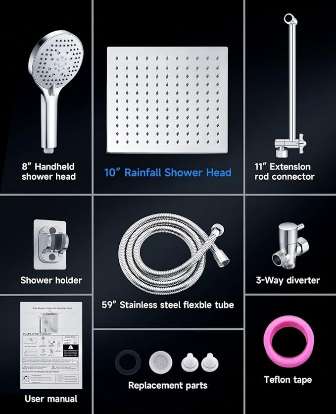 10 Inch Rainfall Shower Head with Handheld Combo and Extension Arm | Large rainfall shower head set with handheld sprayer, 11 inch adjustable arm, 59 inch hose, standard 1/2 inch wall connection