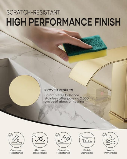 Waterfall Bathroom Faucet 3 Hole, Brushed Gold 8 Inch Widespread Modern 3 Piece Bathroom Sink Faucet, Touch On Lavatory Faucet for Vanity RV Restroom, Curved Spout
