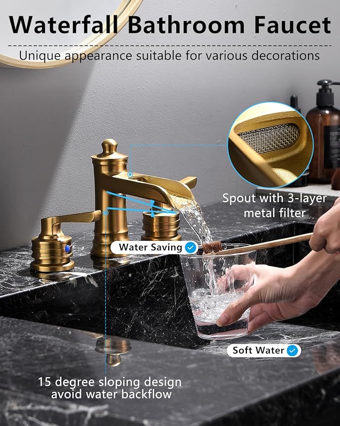 Fapully Brushed Gold Bathroom Sink Faucet, Waterfall Bathroom Faucets 3 Hole, 8 Inch Widespread Bathroom Faucet with Pop-up Drain, 2-Handle Faucet for Bathroom Sink Vanity RV