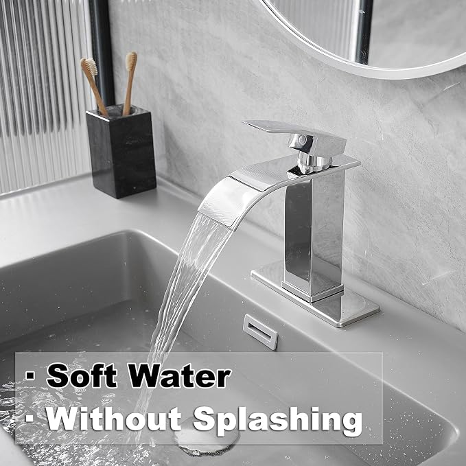Bathroom Faucet Single Handle Waterfall Bathroom Sink Faucets | Waterfall Spout,Stainless Steel,with Sink Drain Assembly and Basin Plate,Deck Mount,for Lavatory Vanity Sink,Chrome