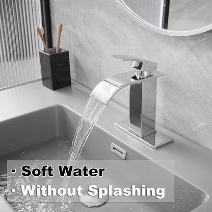 Bathroom Faucet Single Handle Waterfall Bathroom Sink Faucets | Waterfall Spout,Stainless Steel,with Sink Drain Assembly and Basin Plate,Deck Mount,for Lavatory Vanity Sink,Chrome