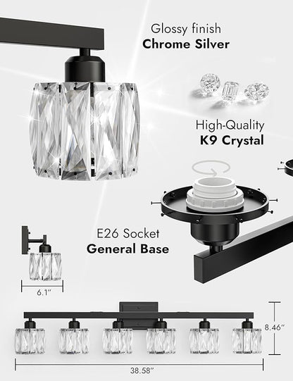 VOLISUN Crystal Vanity Lights for Bathroom, 6 Light Bathroom Vanity Light, Modern Matte Black Bathrooms Light Over Mirror, Black Bathrooms Lights Fixtures-UL Certificated(Exclude Bulb)