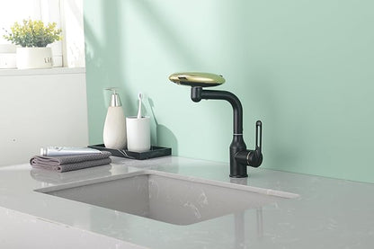Single Hole Rotatable Bathroom Sink Faucet Black and Gold - 4 Water Modes Multifunctional Faucet with 360° Swivel, Extended Spout & Fountain Mode