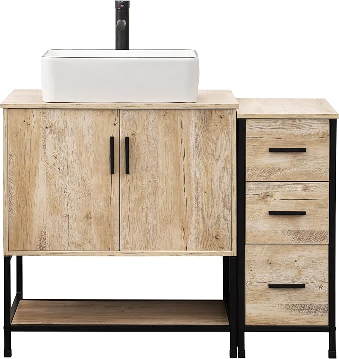 UEV 42" Rustic Oak Bathroom Vanity with Sink Combo,Industrial Iron Frame Bathroom Cabinet Sets with 3 Drawers Side Cabinet,Modern Artistic Ceramic Vessel Sink(031WH)