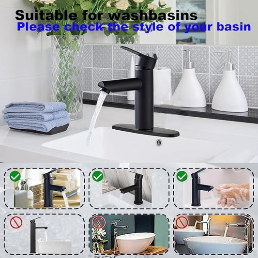 Black faucet on a sink with a tiled wall and decorative items in the background
