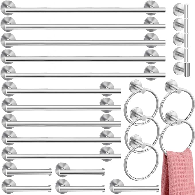 Gisafai 25 Pcs Brushed Nickel Bathroom Accessories Hardware Set Silver Towel Racks for Bathroom SUS304 Stainless Steel 23.6 Inch Brushed Towel Bar Ring Toilet Paper Holder Robe Hooks Wall Mounted