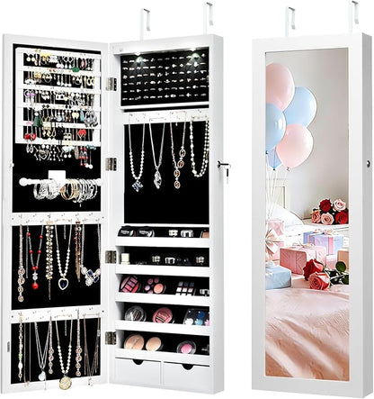 NAFORT 15 LEDs Lockable Mirror Jewelry Armoire Organizer, Christmas Gift Wall Door Mounted Storage Cabinet with Full-Length Mirror, Folding Tray,5 Storage Shelves, White