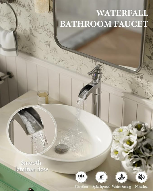 Homevacious Vessel Sink Faucet Tall Bathroom Faucets Waterfall Brushed Nickel Brass Single Handle 1 Hole with Pop Up Drain and Supply Line Farmhouse Lavatory Vanity