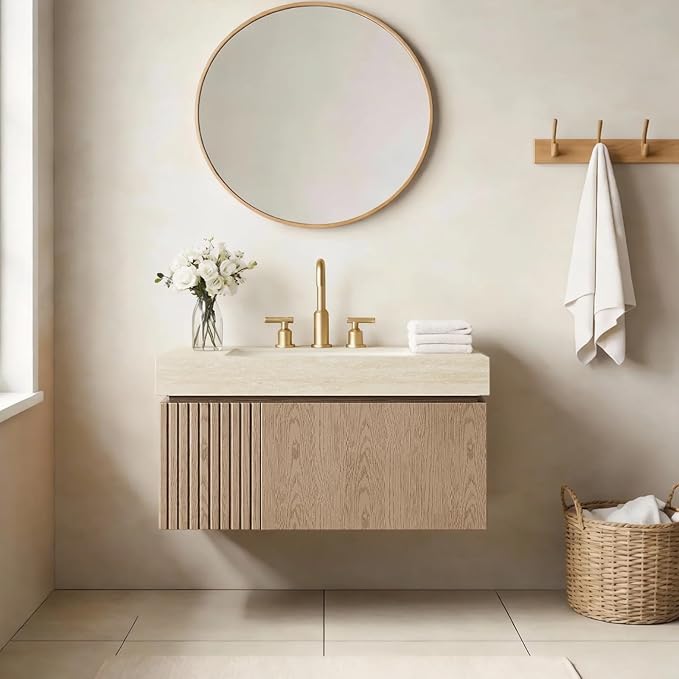 Ambrovina 30" Floating Bathroom Vanity with Sink, Modern Storage Vanities with Drawer and Door, Roma Travertine Top and 3 Pre-drilled Faucet Holes Ceramic Basin, Pre-Assembled Cabinet, Light Brown