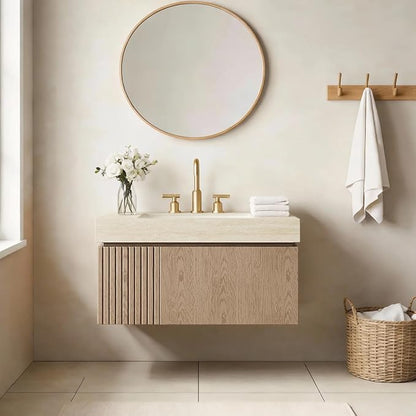 Ambrovina 30" Floating Bathroom Vanity with Sink, Modern Storage Vanities with Drawer and Door, Roma Travertine Top and 3 Pre-drilled Faucet Holes Ceramic Basin, Pre-Assembled Cabinet, Light Brown