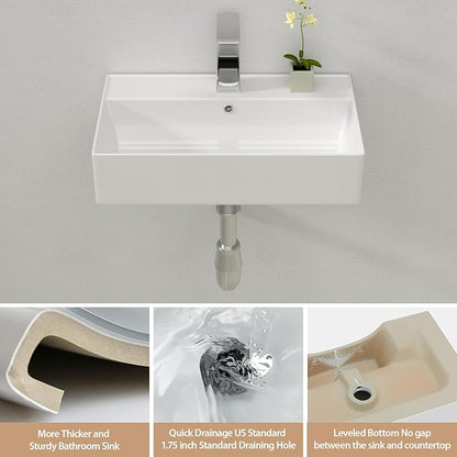 Lordear Wall Mount Bathroom Sink 21x12 Inch White Rectangle Vanity Sink with Overflow Faucet Hole Porcelain Ceramic Floating Bathroom Vessel Sinks, Wall Hung Wash Hand Basin