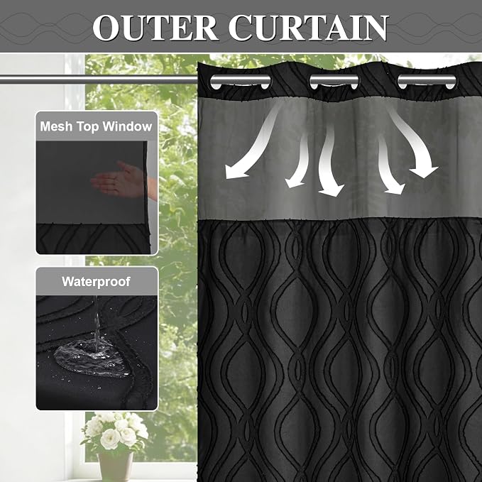 Yinhua No Hook Shower Curtain with Snap in Liner Set, 71" W×86" L, Black | Hotel Style, See Through Top Window, Washable Waterproof, Tufted, Extra Long Hookless Curtain for Bathroom Bathtub