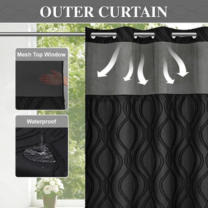 Yinhua No Hook Shower Curtain with Snap in Liner Set, 71" W×86" L, Black | Hotel Style, See Through Top Window, Washable Waterproof, Tufted, Extra Long Hookless Curtain for Bathroom Bathtub